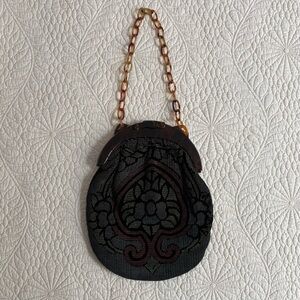 Vintage 1930s Tortoiseshell Celluloid Frame Floral Print Fabric Purse